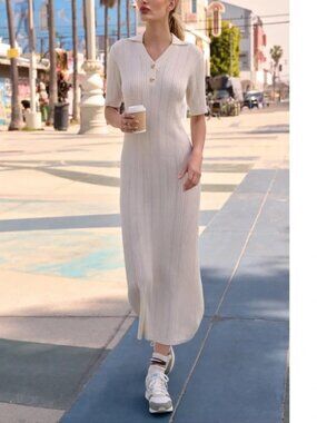 Varley Andrea Short-Sleeve Knit Maxi Dress in ivory